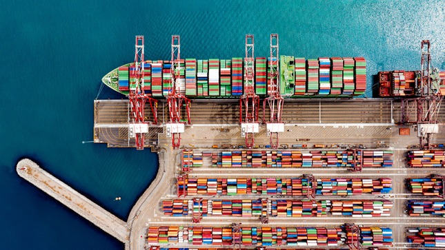 Vista aérea de terminal de contenedores del material corporativo; ilustración de planificación portuaria