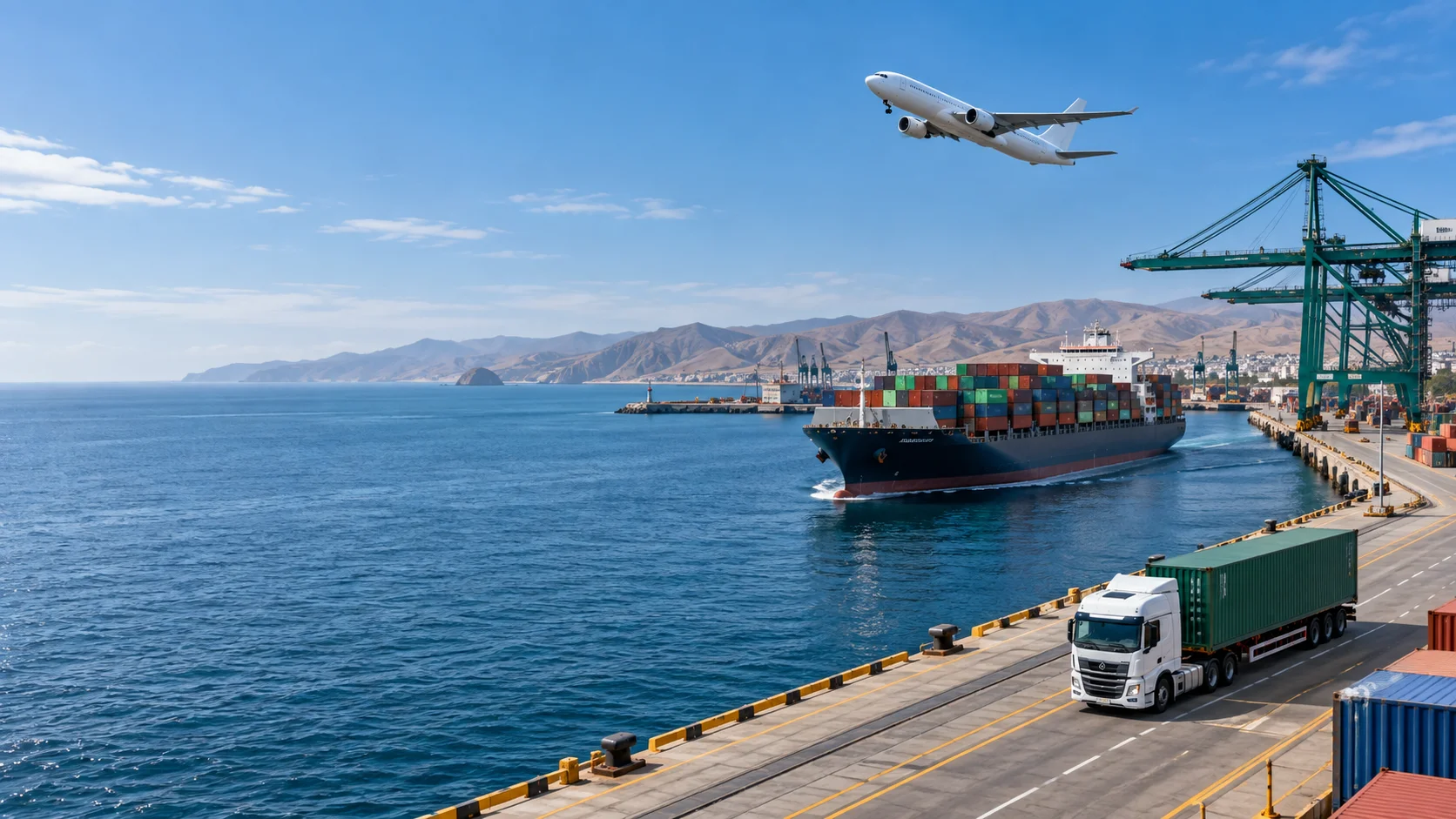 Composición creada para ADUALINE con un avión, un buque portacontenedores y un camión; no representa activos propios